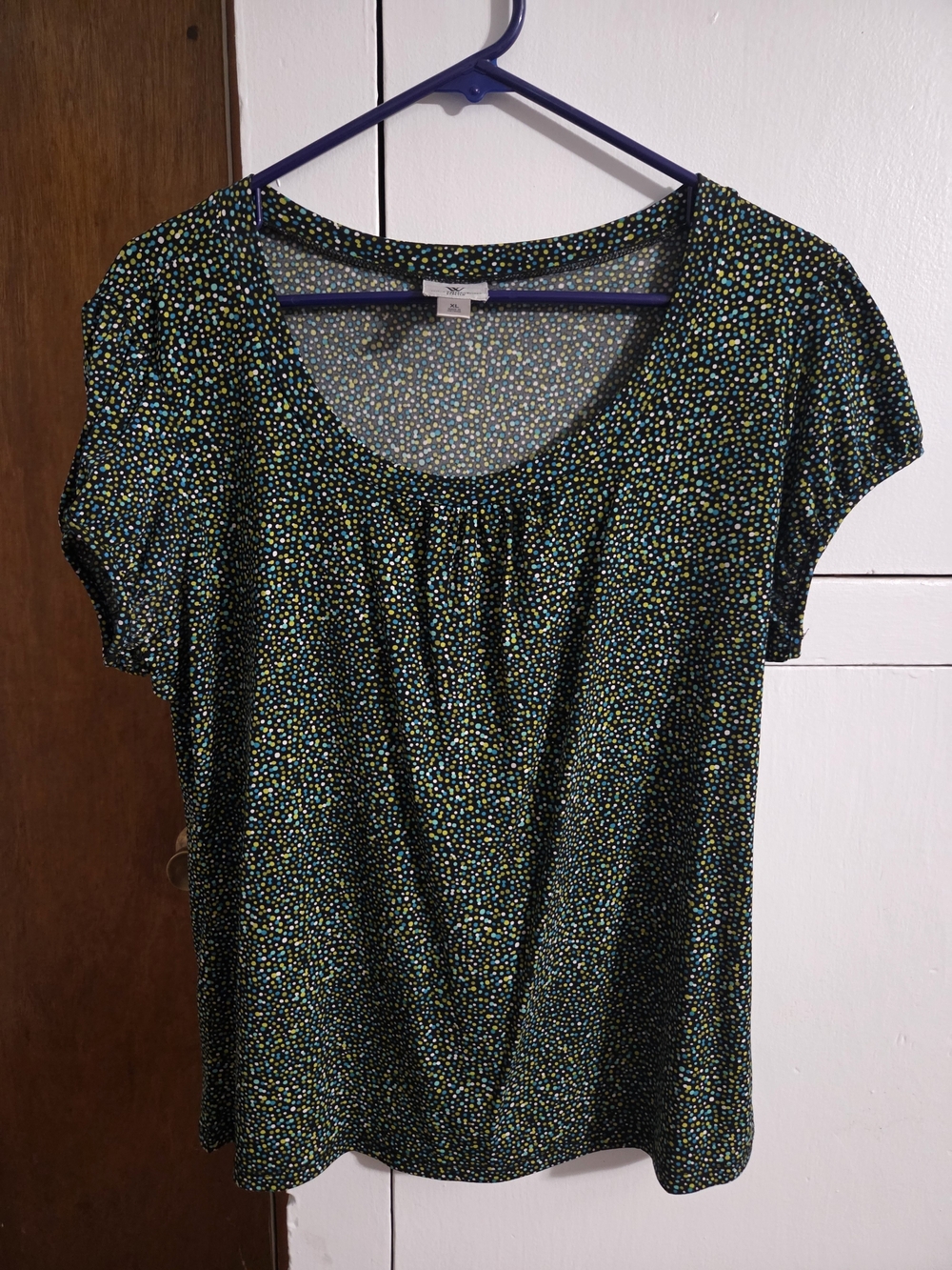 Worthington Black Short Sleeve Scoop Neck Top with Blue and Yellow Dot Print